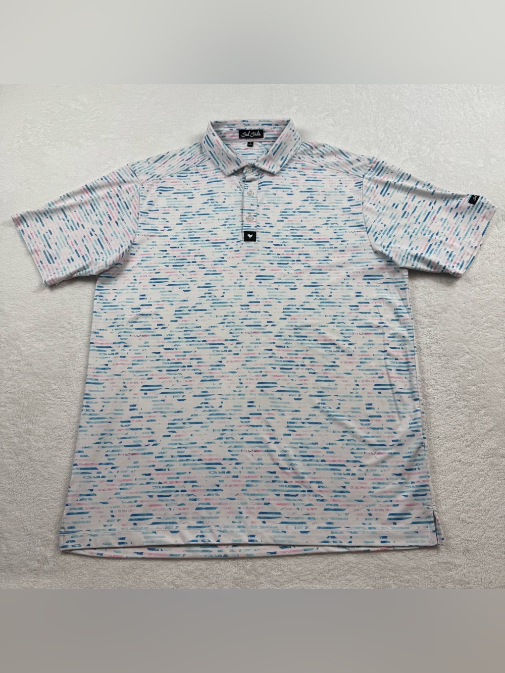 Bad Birdie jet stream polo golf shirt men’s size L striped geometric multicolor